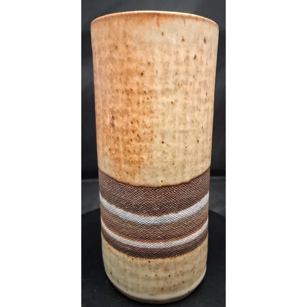 Signed Vintage Studio Pottery Stoneware Vase with Striped Band 5 3/4